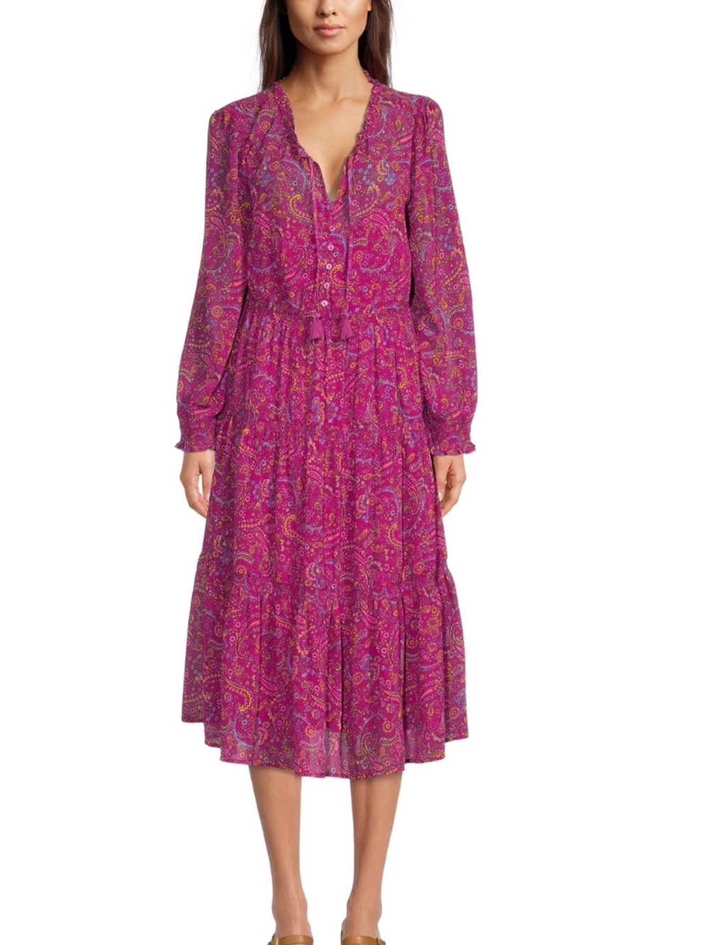Pink Paisley Long-Sleeve Tiered Midi Dress
